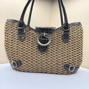 Brighton Woven Purse Shoulder Bag Black‎ Croc Trim Silver Hardware Designer